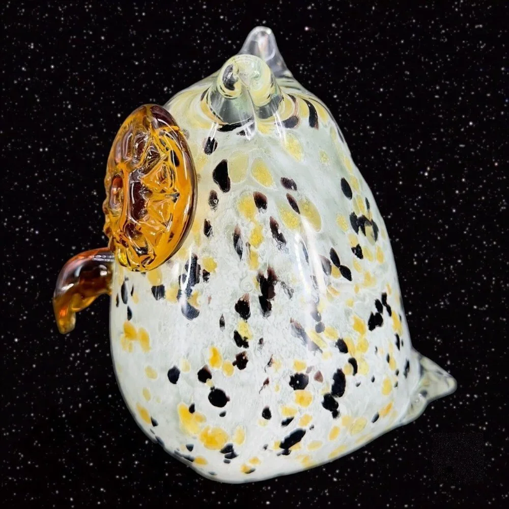Hollow Owl Bird Art Glass Paperweight Figurine White With‎ Dots Amber Eyes Glass